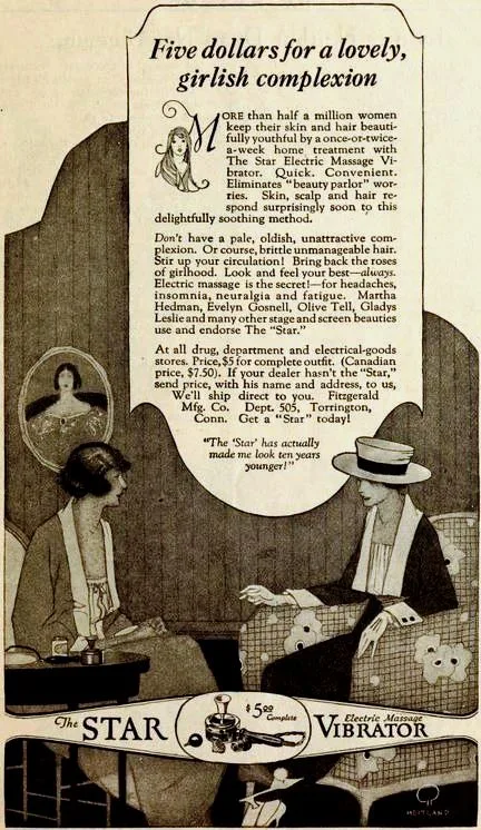 A 1920 magazine ad for the Star Home Electric Massage Vibrator, sold with a set of attachments