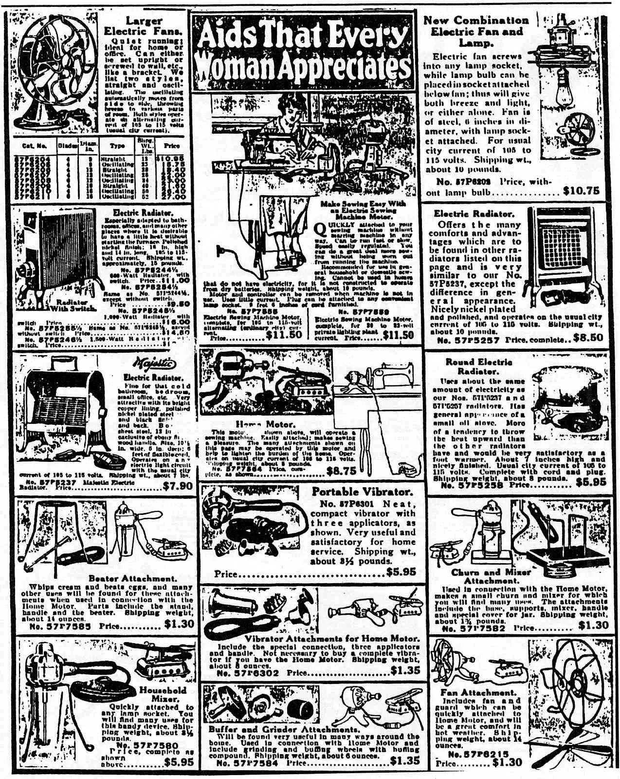 The 1918 Sears catalog page, “Aids That Every Woman Appreciates,” listing a vibrator next to other home motors